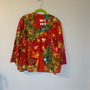 Chico's Jacket Floral  Coat Blazer sz 2 L. Solid red Top included. Pre-owned.